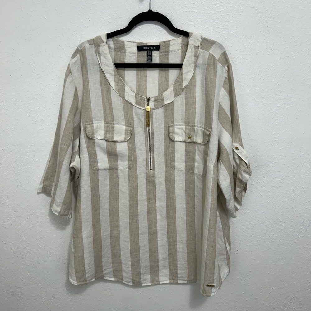 Ellen Tracy Linen Tunic Top Beige White Stripe 3X Roll Tap Sleeves Coastal Beach